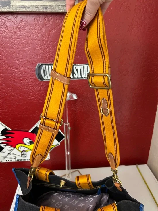 Coach Black Canvas Apple Camp Tote with Yellow Handles and Blue Trim - Picture 12 of 13